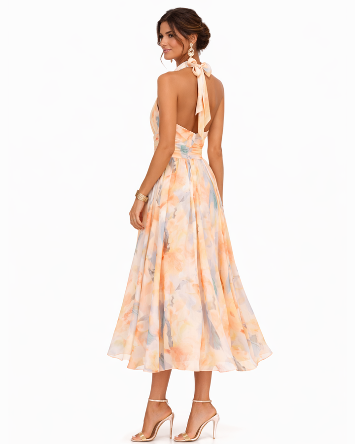 Aurora | Aquarell Druck Halter Neck Maxikleid für Damen