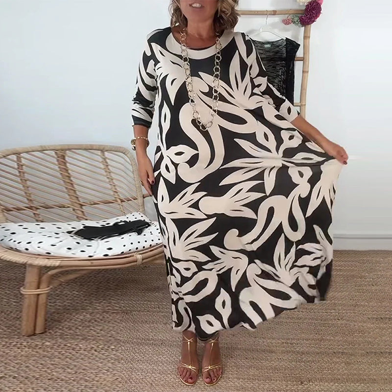 Ysabel | Abstraktes Muse Maxikleid für Damen mit Rundhalsausschnitt und 3/4-Ärmeln