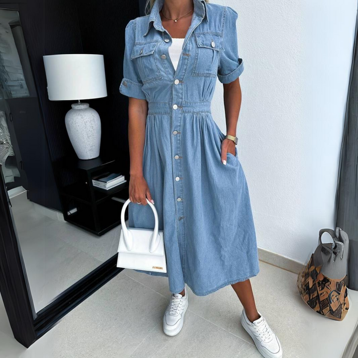 Alissa | Trendy Denim Midikleid für Damen mit kurzen Ärmeln