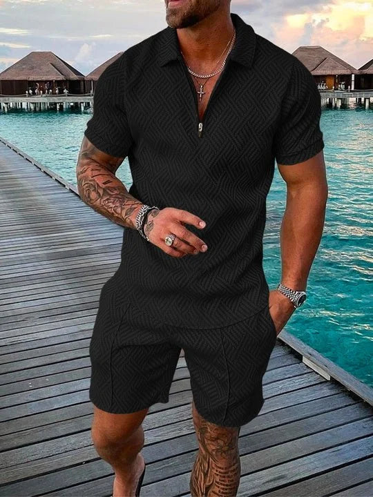 Leon | Poloshirt- und Shorts-Set in Mitternachtsschwarz für Herren
