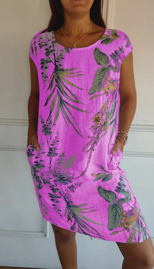 Sommerkleid für Damen mit Taschen und lebhaftem Druck und Blumenmuster