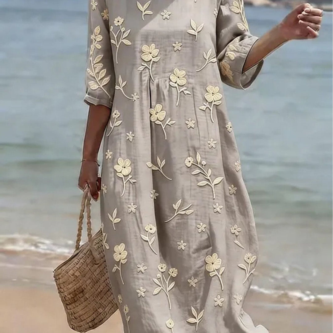 Simone | Besticktes Midikleid für Damen mit Blumenmuster und Rundhalsausschnitt