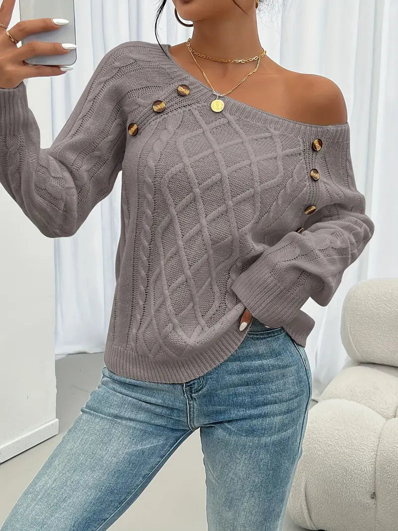Lina | Langärmeliger Pullover für Damen mit Zopfmuster, Lässiger Pullover mit Rundhalsausschnitt