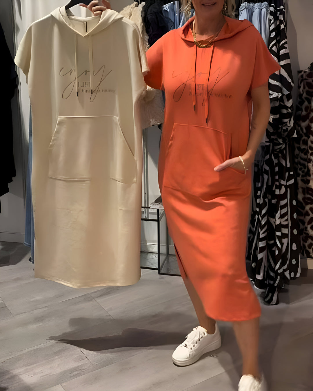 Bridget | Lässiges Hoodie-Midikleid für Damen mit Leoparden-Print und Kapuze