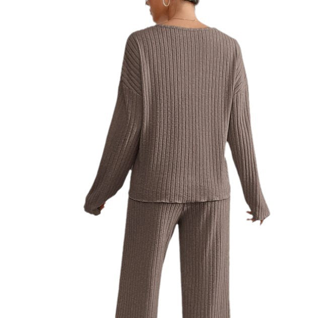 Sophie | Geripptes Zweiteiliges Set für Damen mit V-Ausschnitt und langen Ärmeln