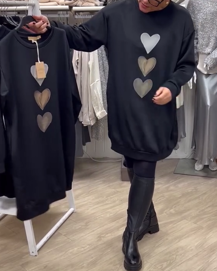 Francine | Damen Langarm Herzmuster Sweatshirt mit Rundhalsausschnitt