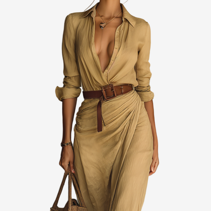 Alena Maxi Élégante Kleid für Damen mit V-Ausschnitt und langen Ärmeln