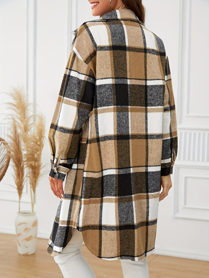 Talia | Damen langer karierter Mantel mit Knöpfen und Taschen