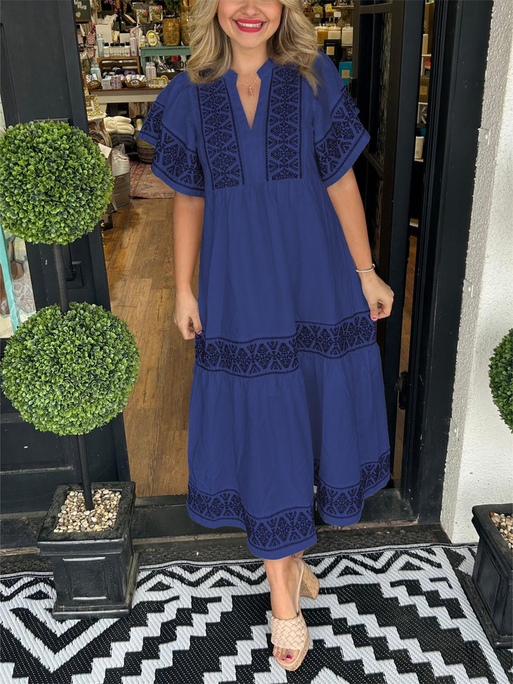 Hanna | Elegantes Boho-Midikleid für Damen mit V-Ausschnitt und kurzen Ärmeln
