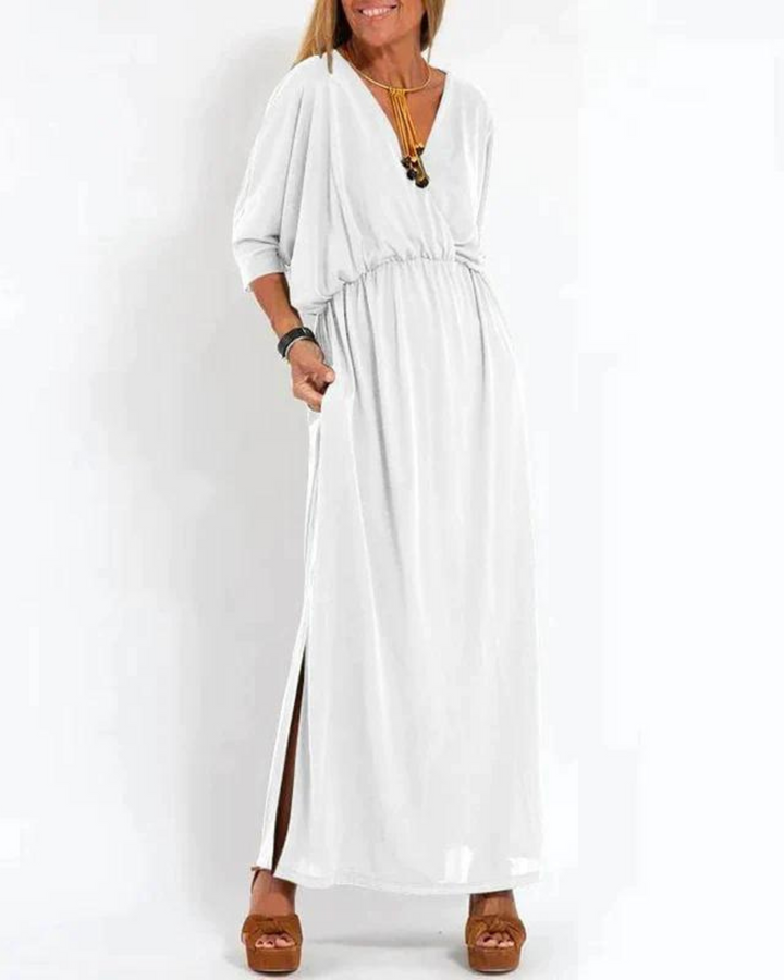 Lani | Langes vintage Maxikleid für Damen mit V-Ausschnitt und kurzen Ärmeln