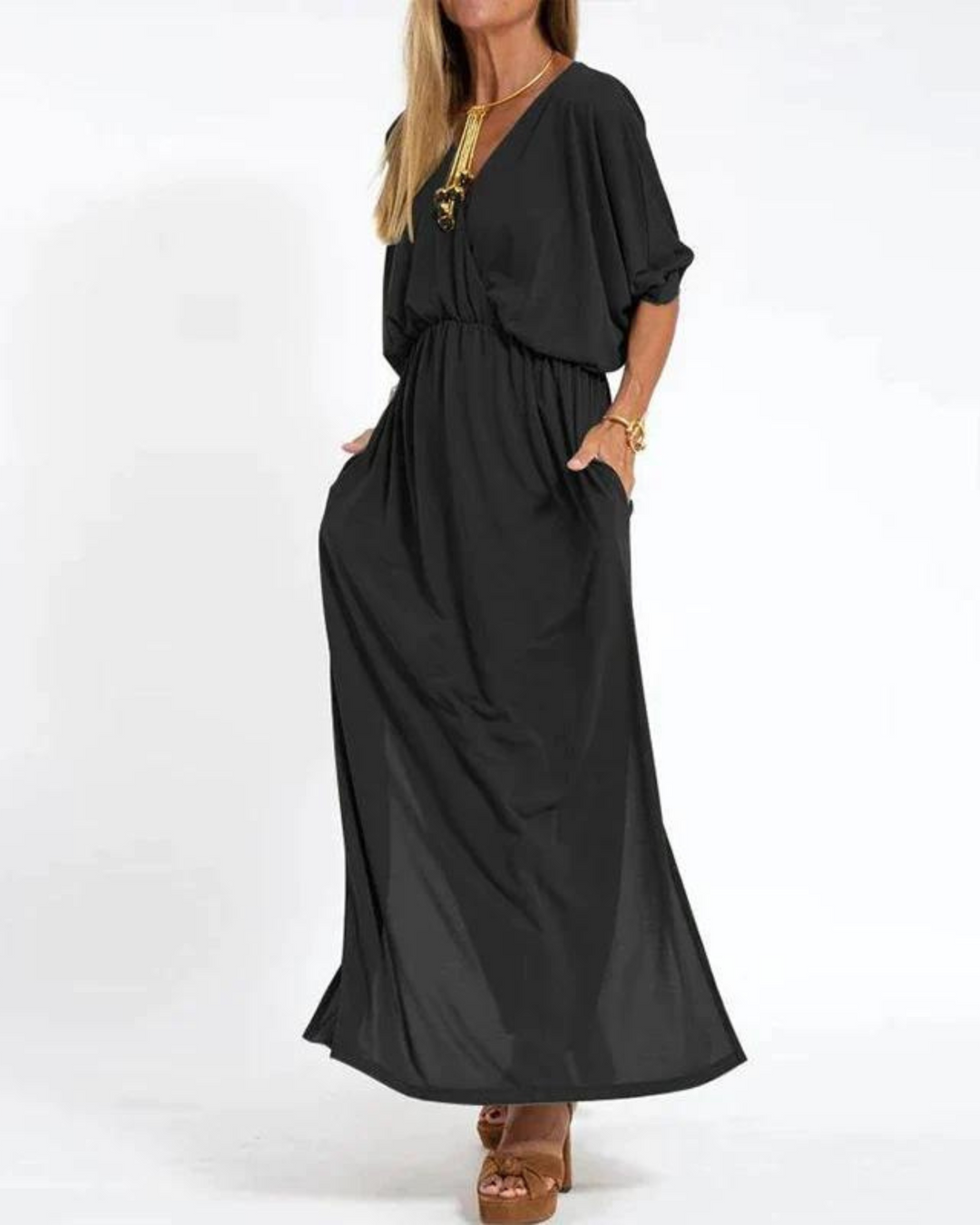 Lani | Langes vintage Maxikleid für Damen mit V-Ausschnitt und kurzen Ärmeln