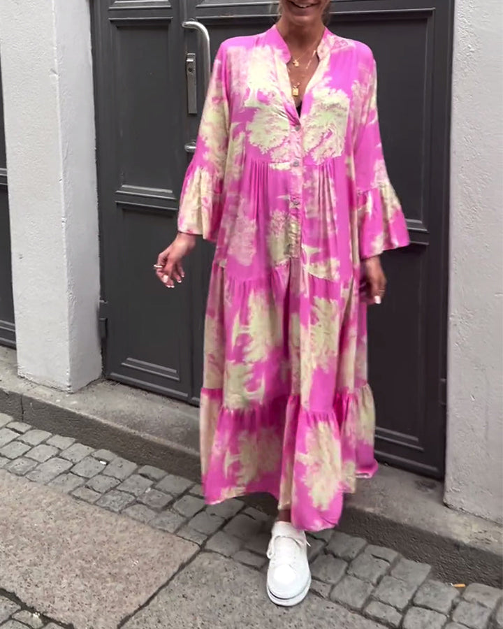 Diana | Bequemes Patchwork-Maxikleid für Damen mit V-Ausschnitt und langen Ärmeln