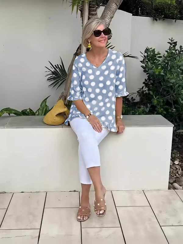 Chloe | Stylische V-Ausschnitt Bluse mit Punkten und langen Ärmeln