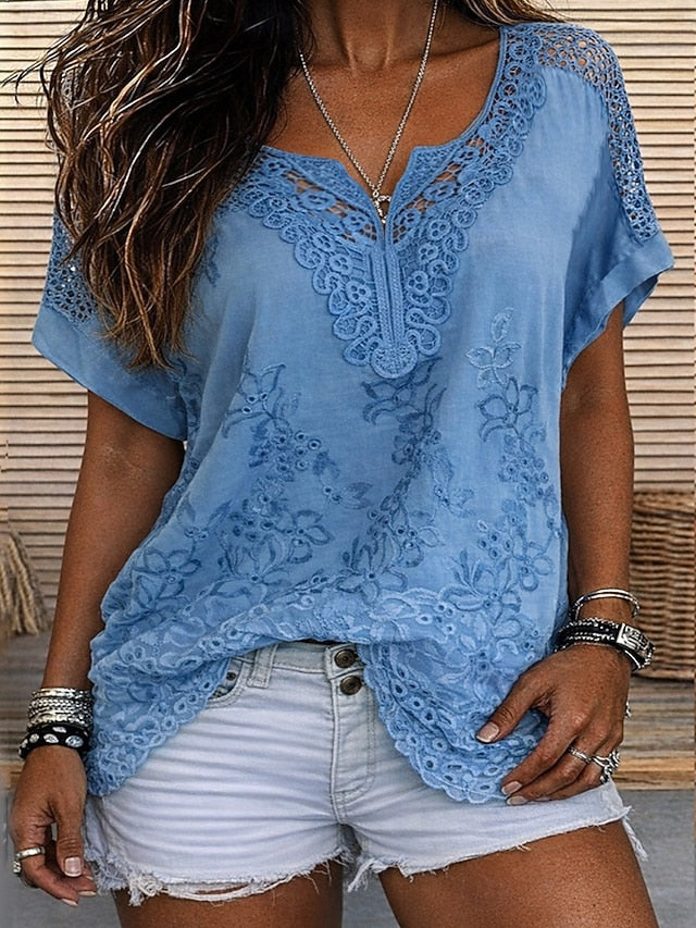 Damen V-Ausschnitt Bluse mit kurzen Ärmeln