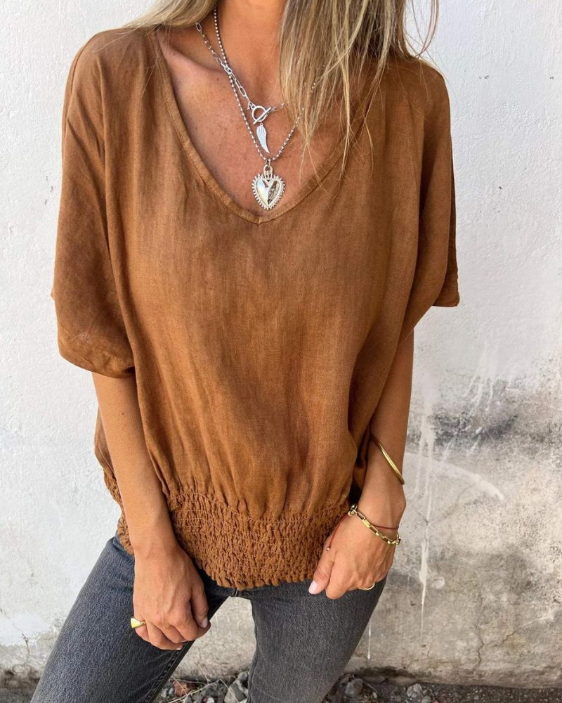 JENNY | Lässiges Sommertop Bluse für Damen mit V-Ausschnitt und kurzen Ärmeln
