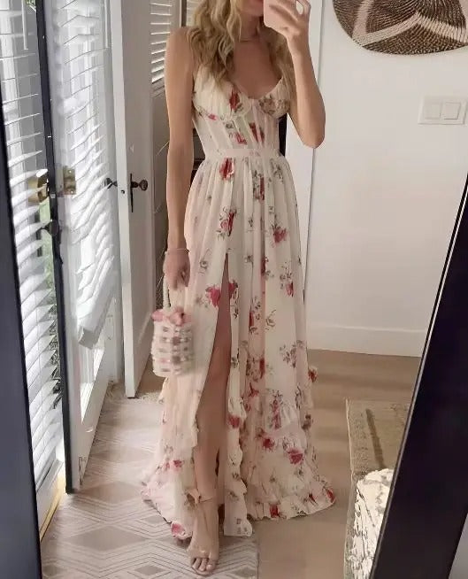 Zaria | Elegantes Blumen-Maxikleid für Damen mit V-Ausschnitt und Spaghettiträgern