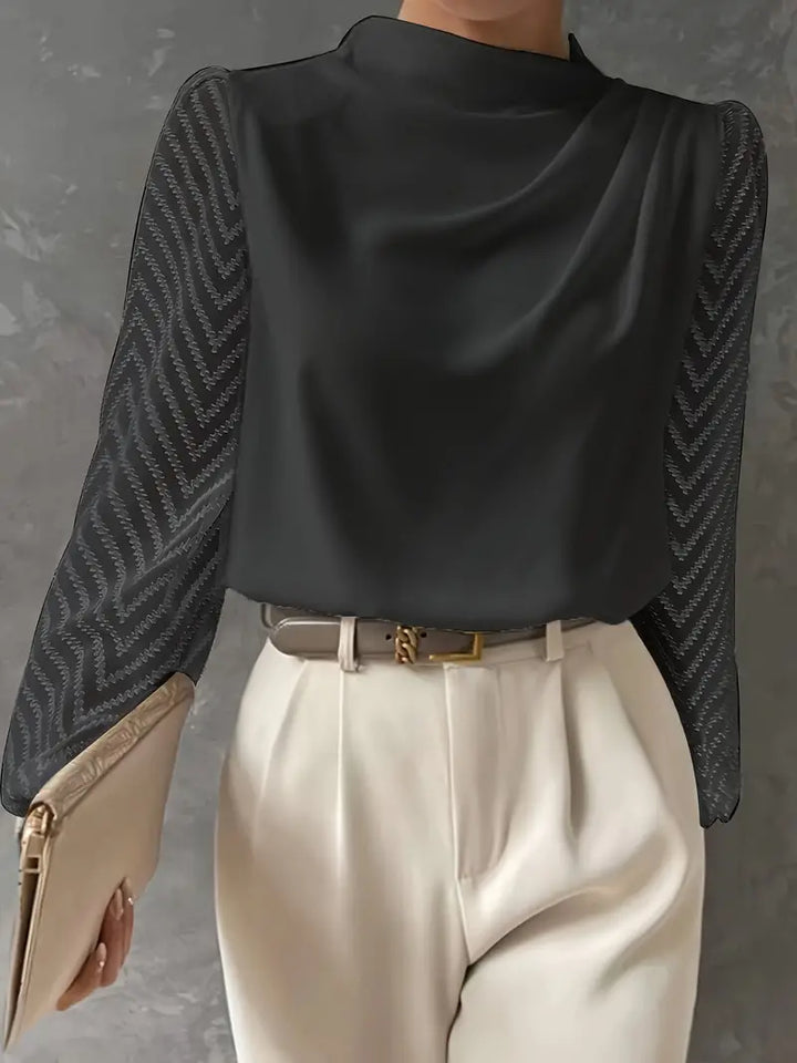 Samanta | Mocha-Bluse für Damen mit gerafftem Ausschnitt und transparenten Ärmeln