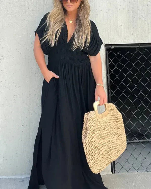 Barbara | Elegantes Maxikleid für Damen mit V-Ausschnitt und kurzen Ärmeln