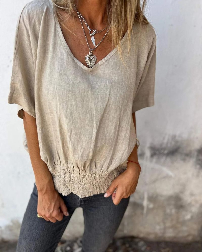 JENNY | Lässiges Sommertop Bluse für Damen mit V-Ausschnitt und kurzen Ärmeln