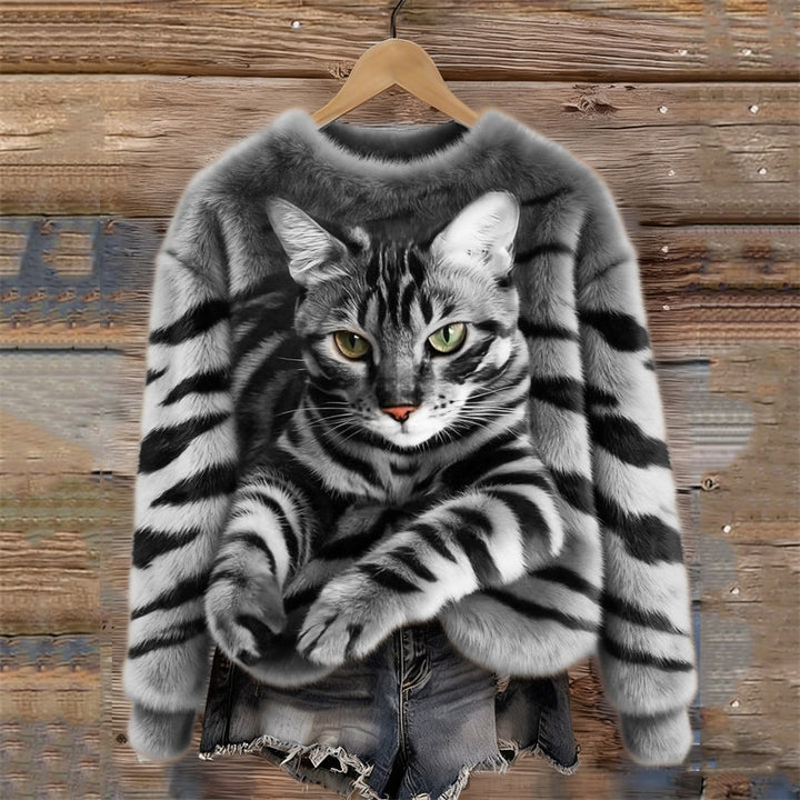 Gemütlicher Plüsch-Sweatshirt für Damen mit einem Tiger- und Tabby-Kätzchen-Design