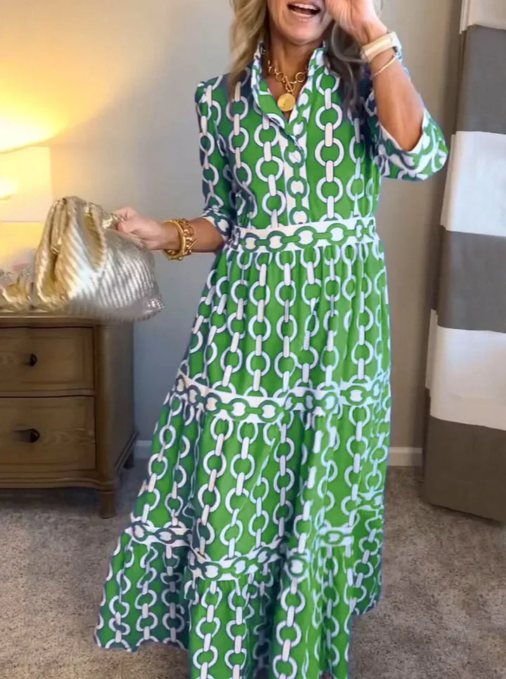 Juliette | Midi-Kleid für Damen mit Kettenmuster, V-Ausschnitt und 3/4-Ärmeln