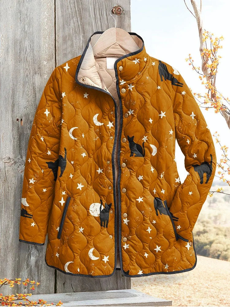 Schwarze Katzen Halloween Print Casual Steppjacke für Damen