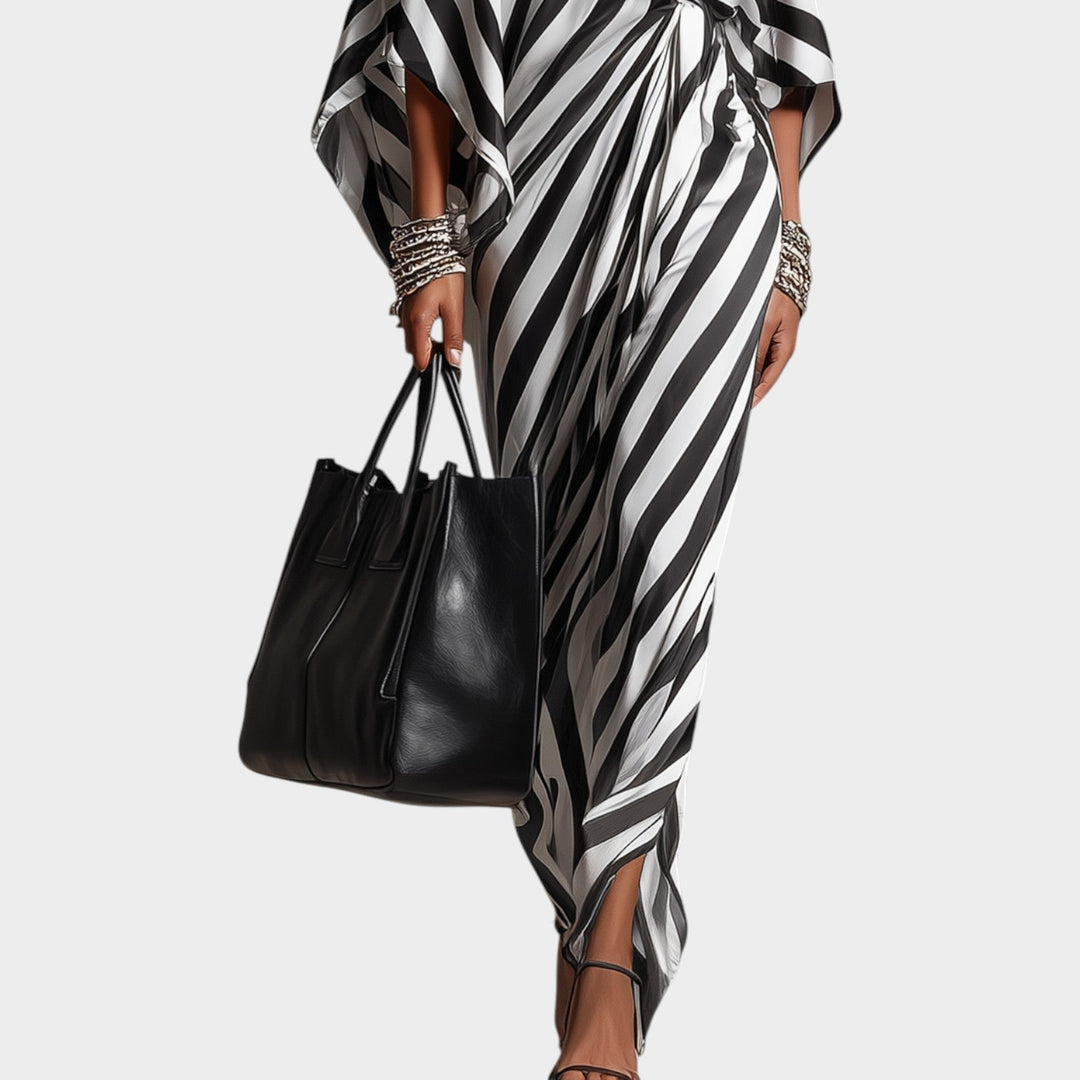 Damen Streifen-Maxikleid mit Off-Shoulder-Ausschnitt und Bindegürtel