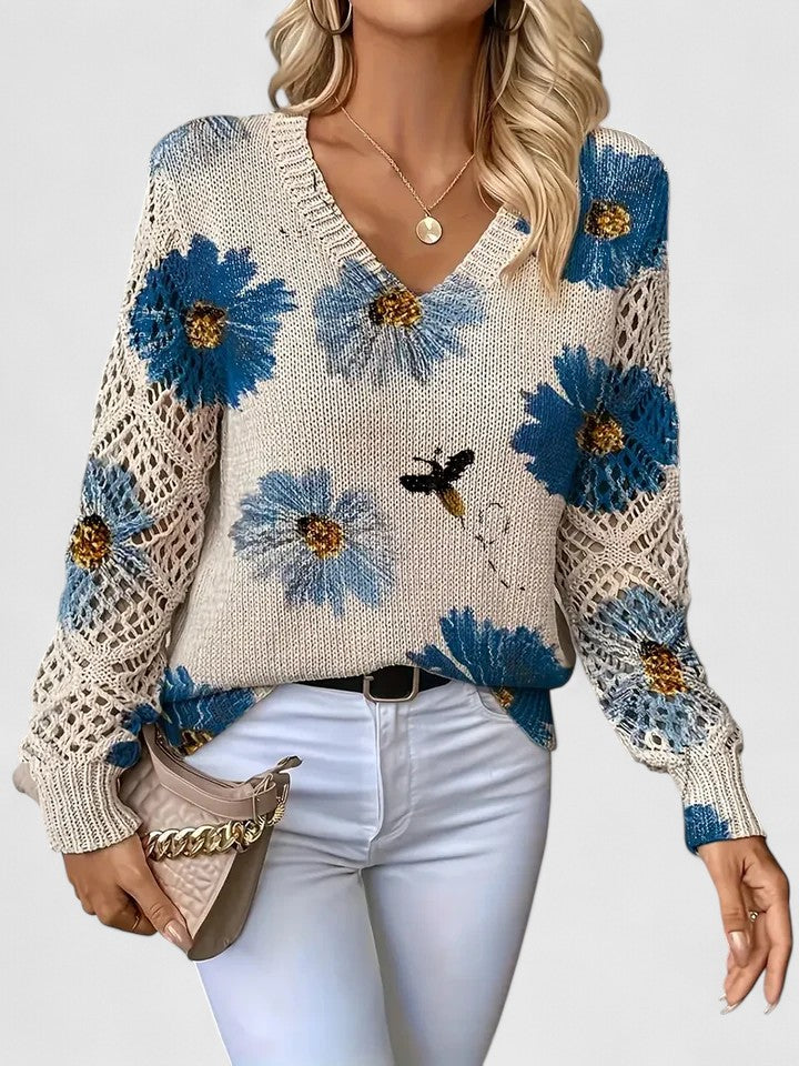 Noelle | Floral Strickpullover für Damen mit V-Ausschnitt und langen Ärmeln