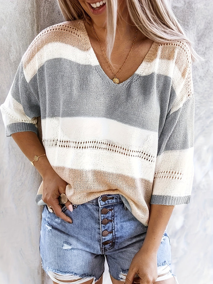 Olga | Lässiger gestreifter V-Ausschnitt Pullover für Damen