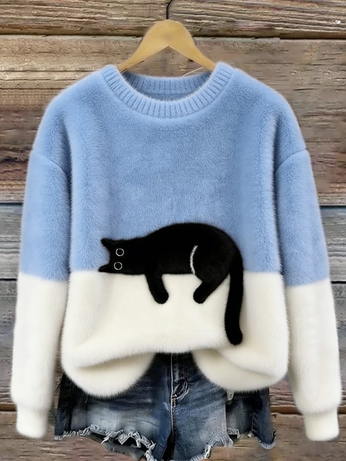 Damen Oversized Pullover mit Katzenmotiv und Farbblockdesign