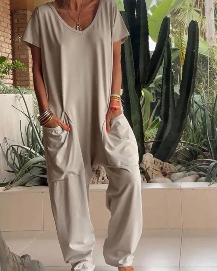 Yelena | Lässiger V-Ausschnitt Einfarbiger Jumpsuit für Damen