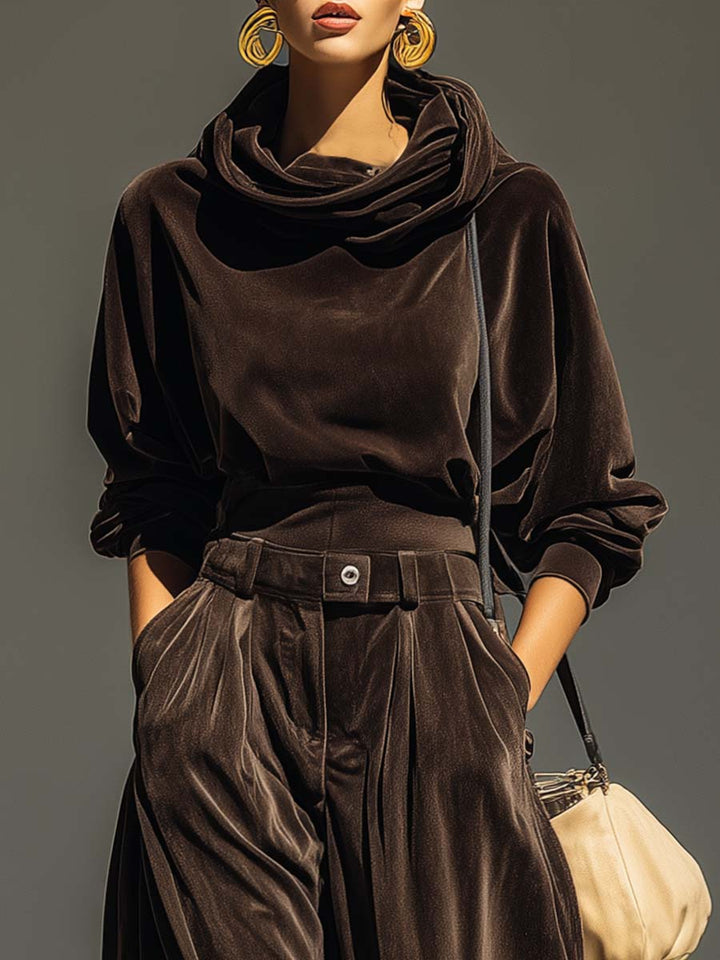 Retro Brauner Hoodie und Entspannte Hose Set (Gürtel Inklusive) für Damen