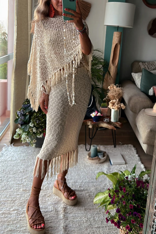 Sonnenuntergangsbrise Quasten Strick Cover-Up für Damen mit Ausschnittdetails
