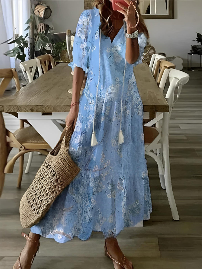 Sophia | Boho Vintage Sommerkleid für Damen mit Blumenmuster und V-Ausschnitt