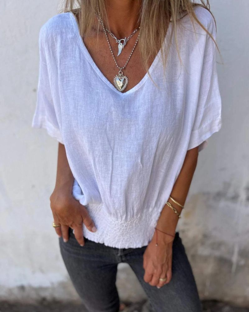 JENNY | Lässiges Sommertop Bluse für Damen mit V-Ausschnitt und kurzen Ärmeln