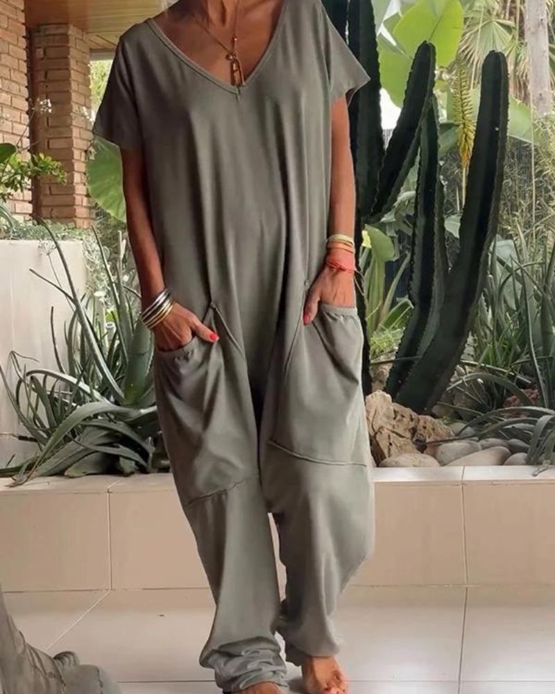 Yelena | Lässiger V-Ausschnitt Einfarbiger Jumpsuit für Damen