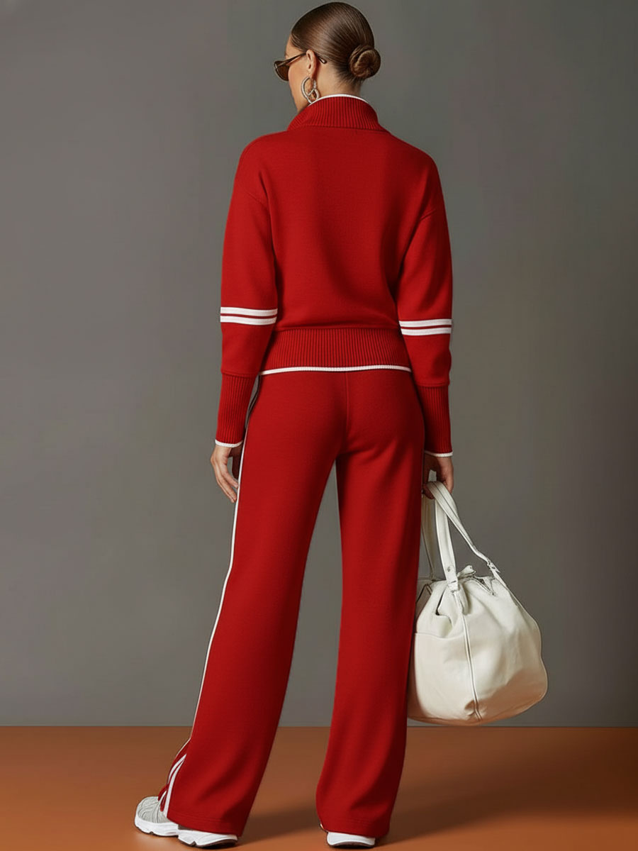 Vintage-inspirierter grauer und weißer Halbzip-Sweatshirt für Damen mit weitem Hosen-Set
