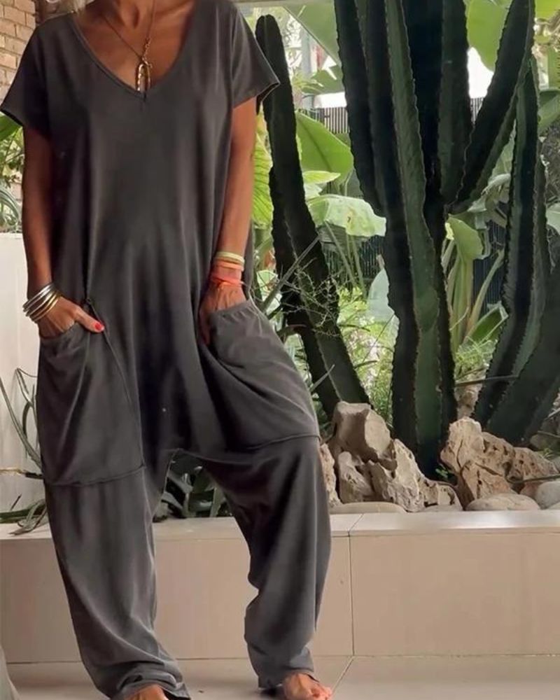 Yelena | Lässiger V-Ausschnitt Einfarbiger Jumpsuit für Damen