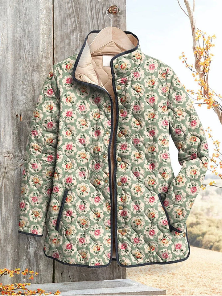 Damen Vintage Süße Jacke Kunstdruck mit Blumen und Rundhalsausschnitt