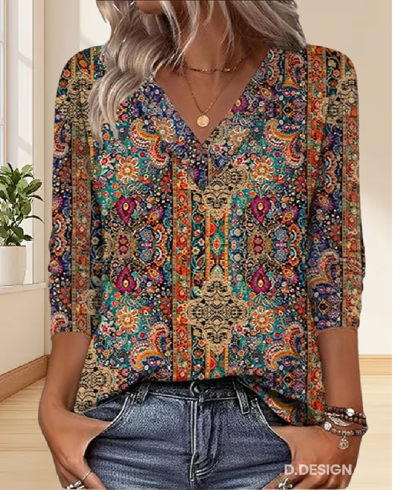 Vintage-inspirierte V-Ausschnitt Druckbluse für Damen mit 3/4-Ärmeln