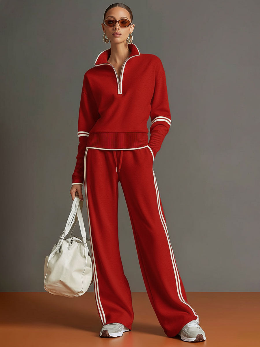 Vintage-inspirierter grauer und weißer Halbzip-Sweatshirt für Damen mit weitem Hosen-Set
