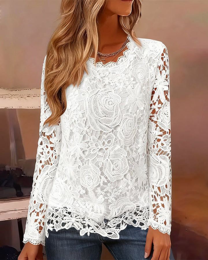 Zeitlose Langarm-Bluse für Damen mit Blumenmuster und Rundhalsausschnitt