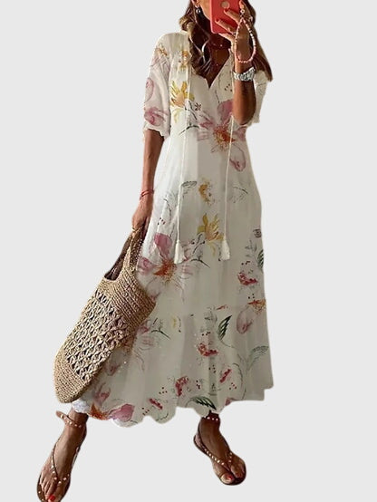 Amalia | Retro Bohemian Sommerkleid für Damen mit Blumenmuster und V-Ausschnitt