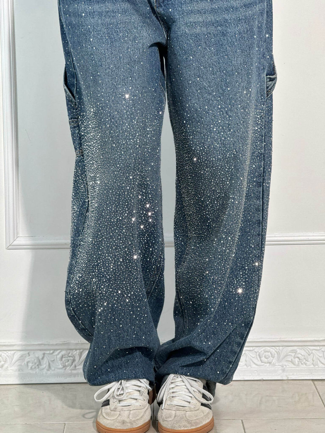 Glänzende Carpenter-Style Denim-Jeans für Damen mit weiter Passform und hohem Bund