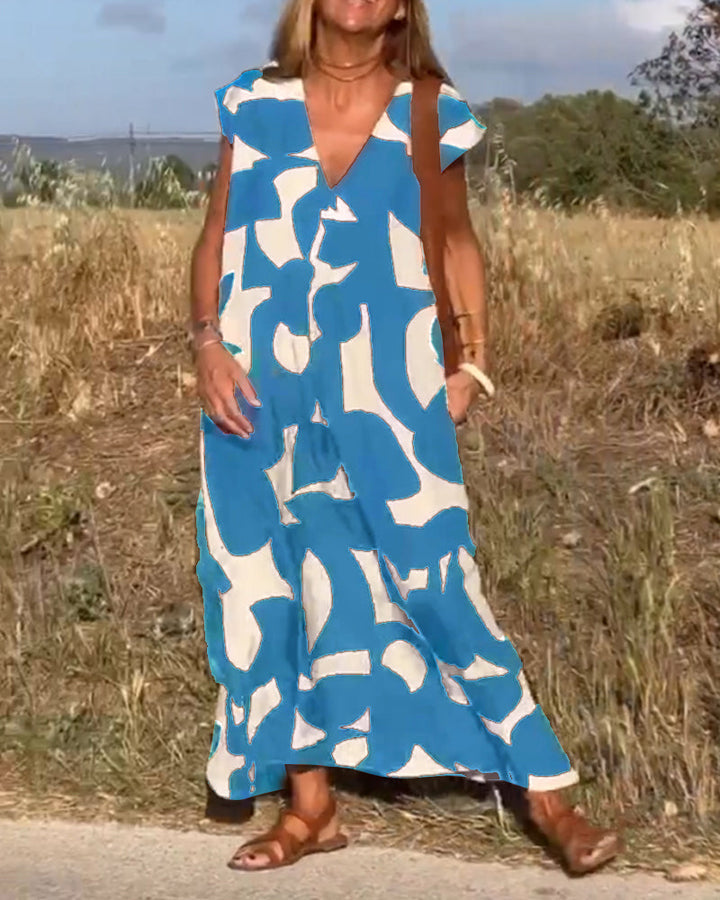 Kendall | Lässiges Abstract Midikleid für Damen mit V-Ausschnitt und kurzen Ärmeln