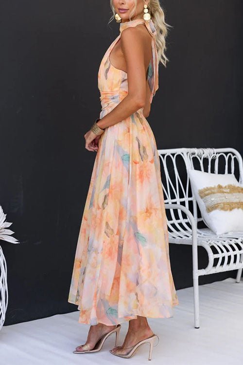 Aurora | Elegantes Maxikleid für Damen mit Halterneck und Aquarelldruck