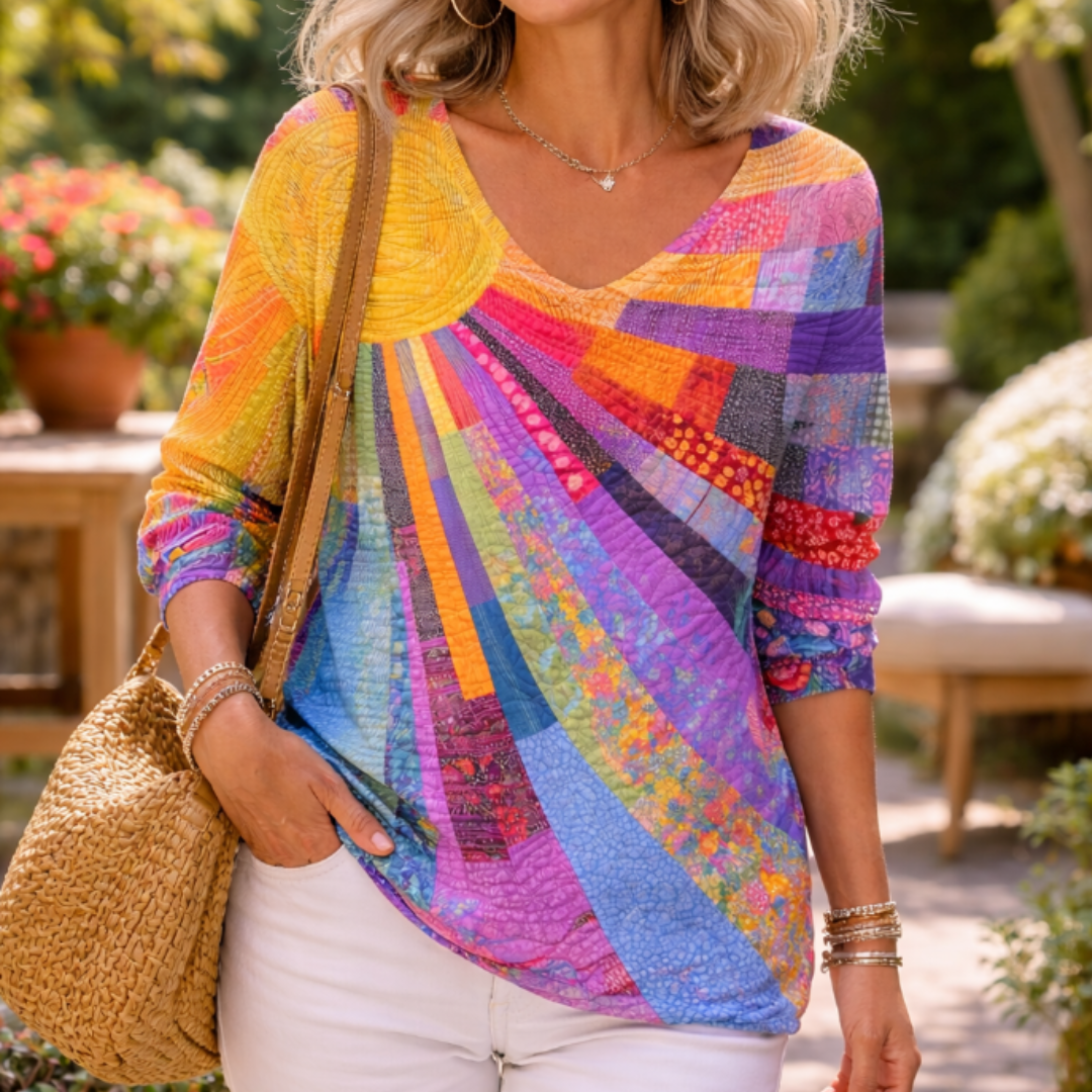 Retro Buntes Patchwork T-Shirt für Damen mit V-Ausschnitt und langen Ärmeln