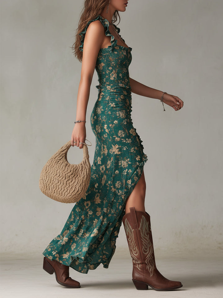 Maya | Boho Retro Rüschensleeves Maxikleid für Damen mit hohem Schlitz