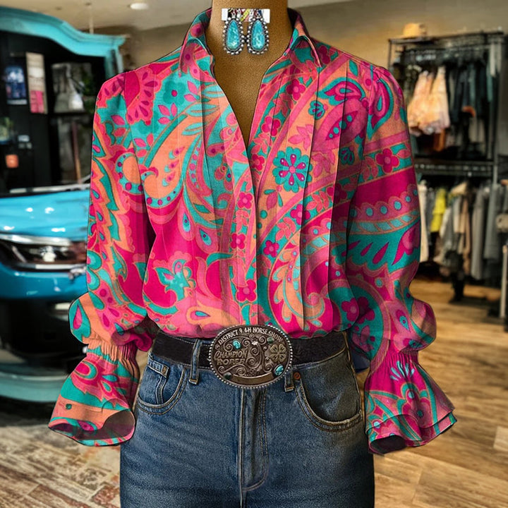 Retro Blumenmuster Oberteil für Damen mit V-Ausschnitt und langen Ärmeln