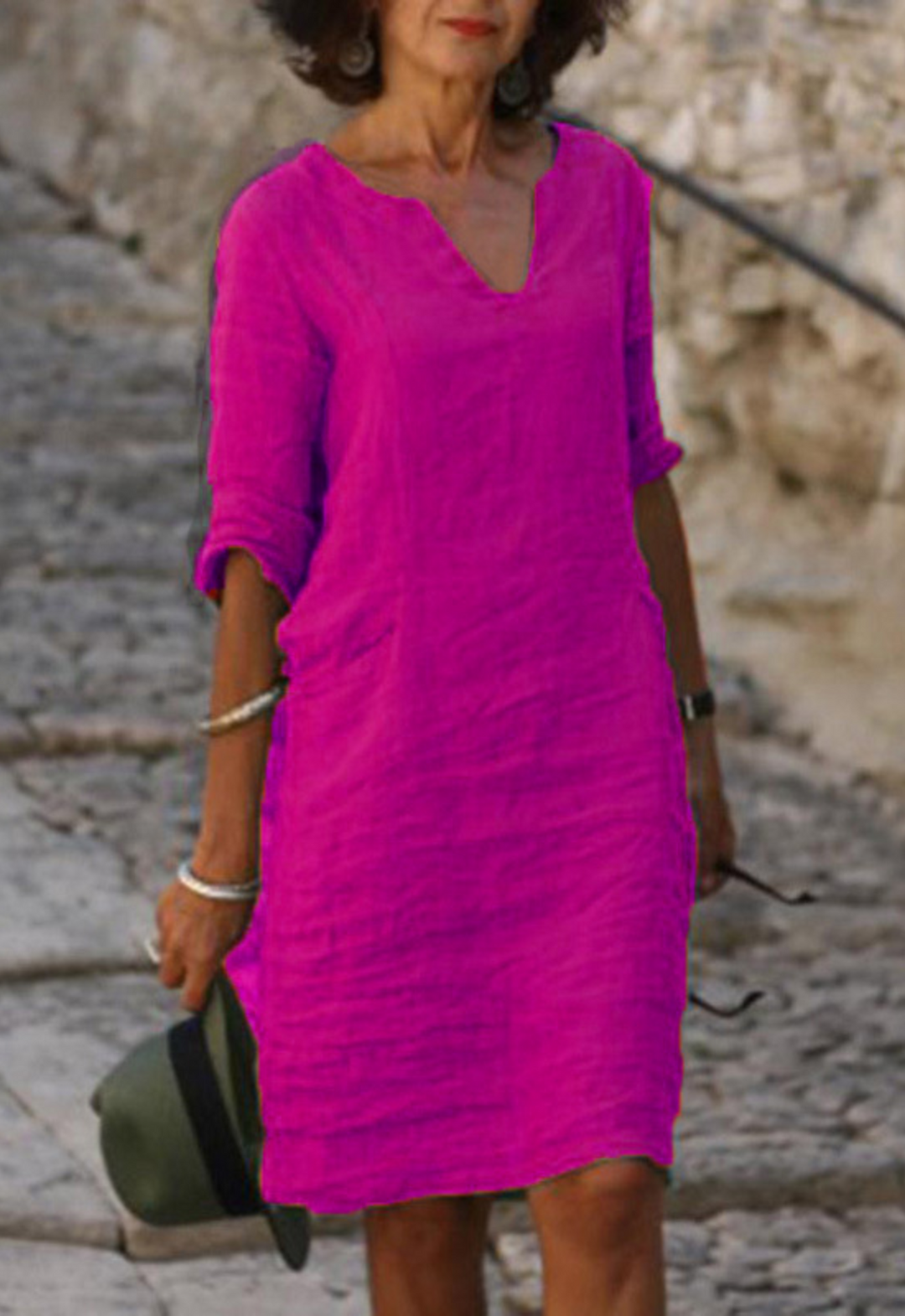 Elvy | Elegantes V-Ausschnitt Midikleid für Damen mit 3/4-Ärmeln und langen Ärmeln